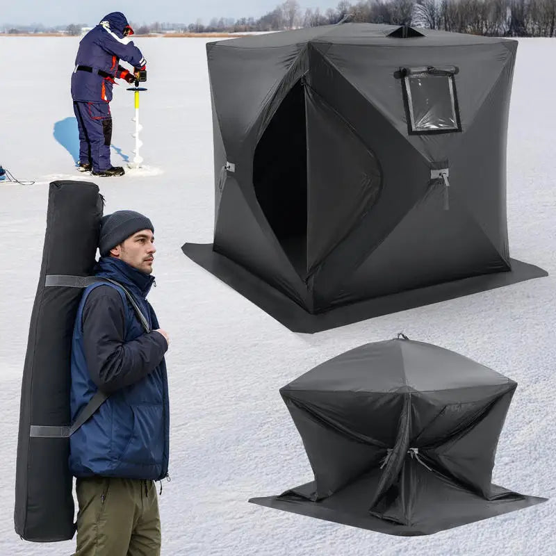Ice Fishing Shelter, 2.3 X 2.3 X 2 M, Portable Pop-Up Fishing Tent for 3-4 Persons, Waterproof 300D Oxford Fabric, with Anchors, Ropes, Carry Bag, for Winter Fishing, Black