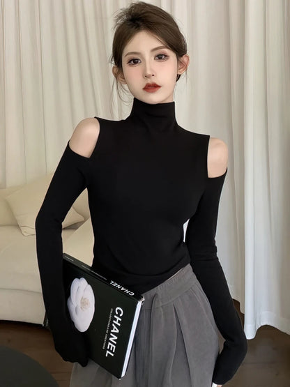 Korean Fall Winter Turtleneck Basic Tops Women Sexy Off Shoulder Long Sleeve Thick Fleece T Shirt Fashion Black Tees Lady