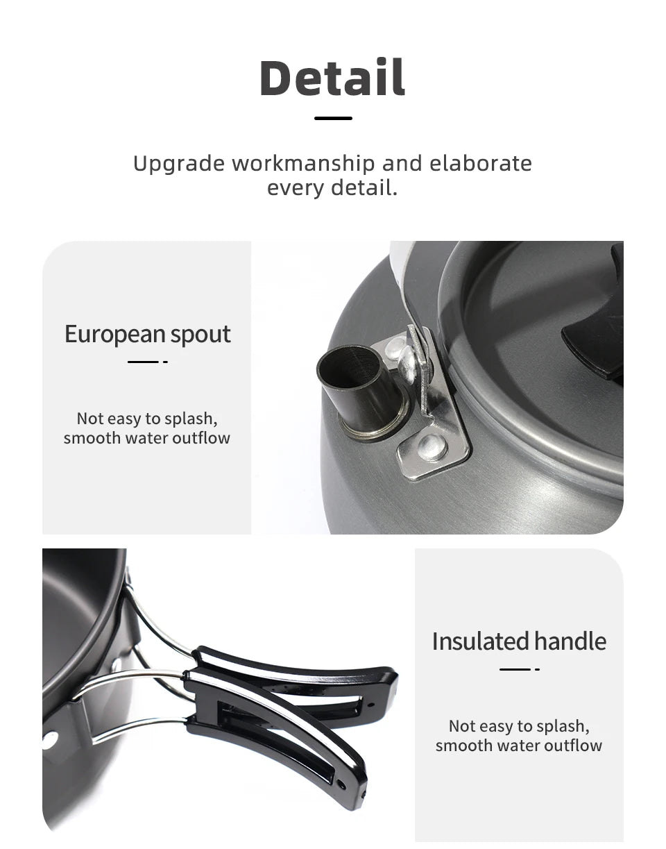 PACOONE Campingkokset – Portabelt Aluminiumset med Kastrull, Vattenkokare & Panna, Hopfällbart