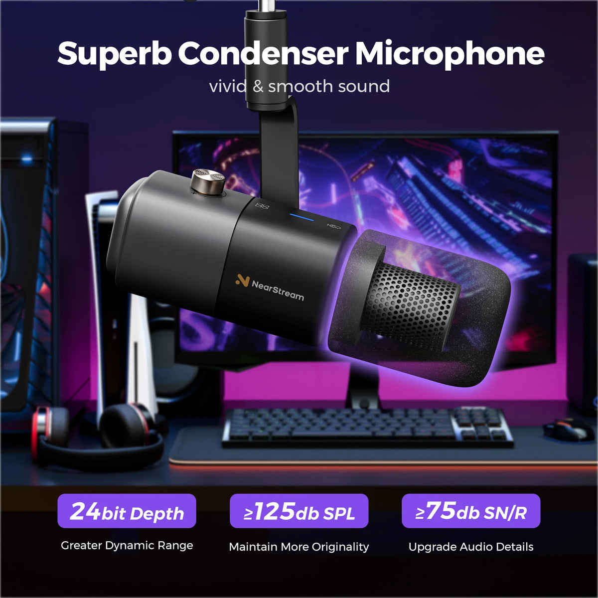 NearStream USB XLR Kondensatormikrofon med Bomarm Set för Streaming Podcast Studio