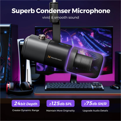 NearStream USB XLR Kondensatormikrofon med Bomarm Set för Streaming Podcast Studio