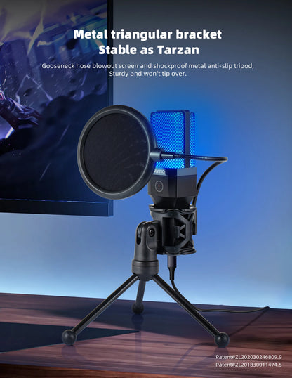 Gaming Microphone Professional Condenser Mic PC Laptop Computer Mike RGB USB Wired Studio Streaming Podcast Gamer Karaoke PC Kit