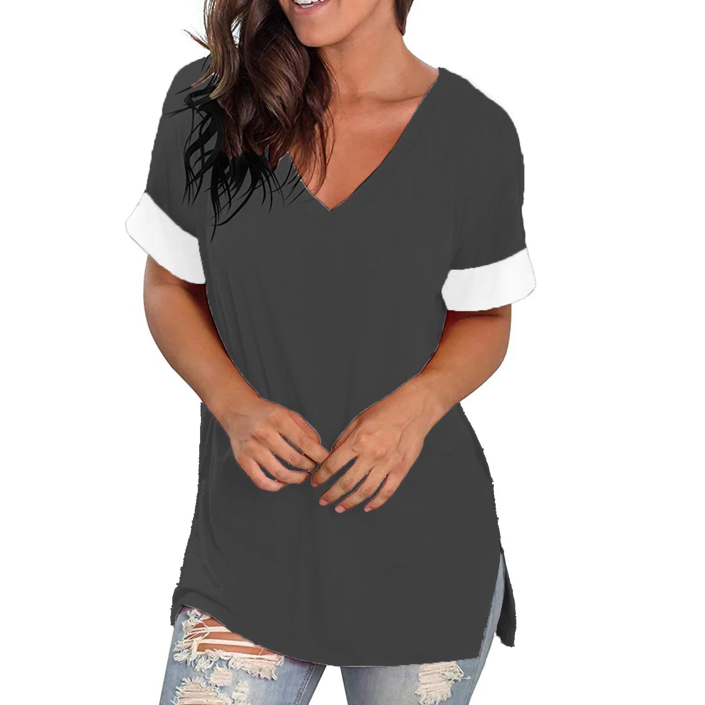 2024 Europe and the United States spring and summer cross-border new women's base shirt solid color V-neck short-sleeve stitchin