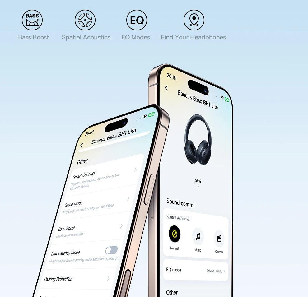 Baseus BH1 Lite Wireless Headphones Bluetooth 6.0 ENC Clear Call Headsets Super Bass Hit Earphones 80H Playtime Over Ear Headset