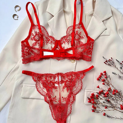 Conjunto Lencería Bordado Floral Transparente Aro Rejilla Copa Fina Sujetador Push Up Estilo Puro Deseo Ropa Interior Mujer S-XL
