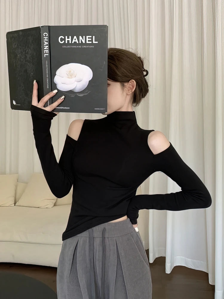 Korean Fall Winter Turtleneck Basic Tops Women Sexy Off Shoulder Long Sleeve Thick Fleece T Shirt Fashion Black Tees Lady