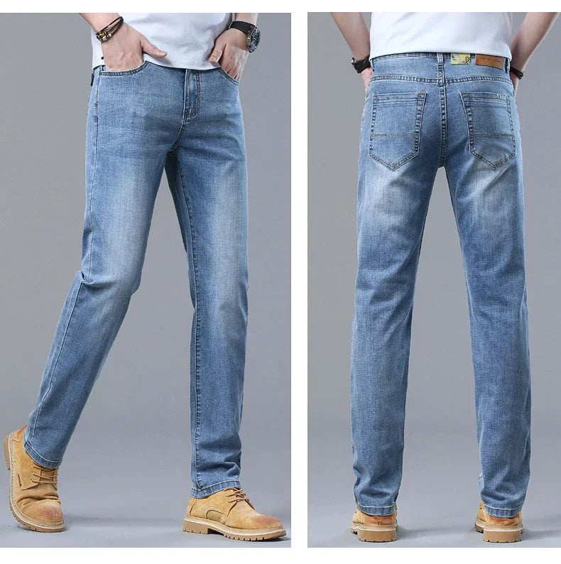 Spring and Summer Thin Men's Light Blue Slim Jeans Stylish Casual Stretch Fabric Denim Pants Classic Trousers Smoke Gray