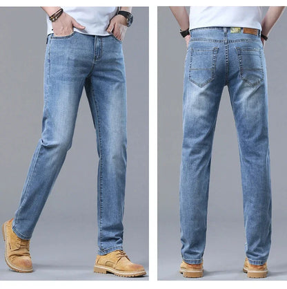 Spring and Summer Thin Men's Light Blue Slim Jeans Stylish Casual Stretch Fabric Denim Pants Classic Trousers Smoke Gray