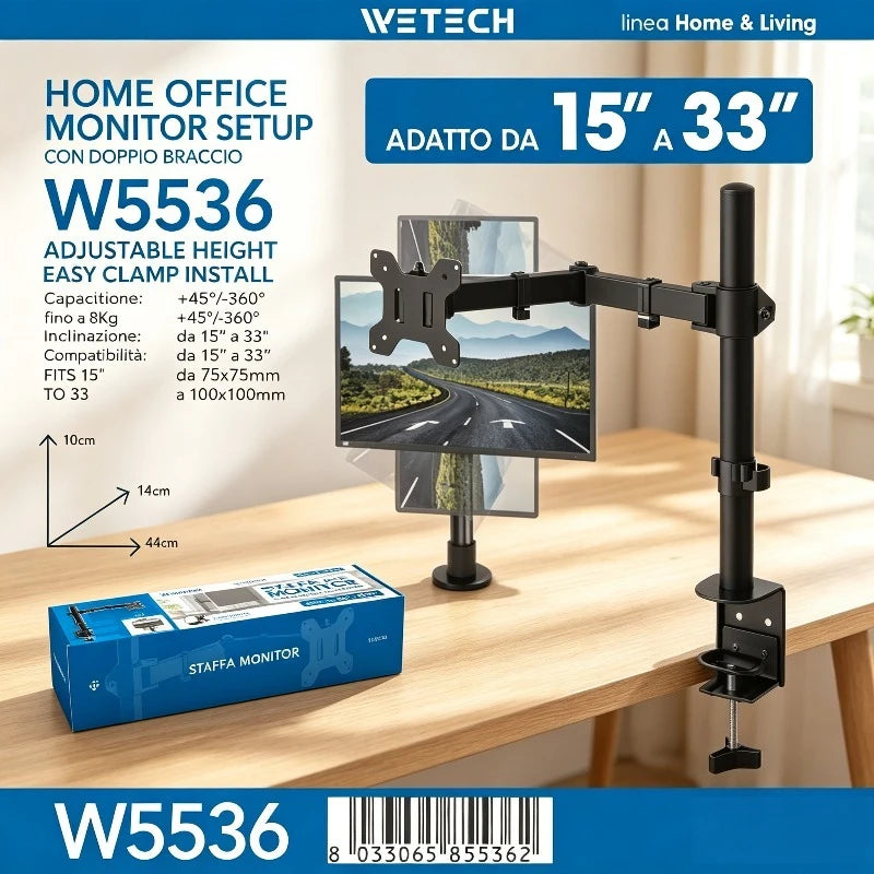WETECH W5536 Single Monitor Desk Mount Bracket Dual Adjustable Arm Max Load 8kg Fit 15-33 Inch Monitor 360° Rotation +45° Tilt Support VESA 75x75 100x100 Clamp-on Monitor Stand
