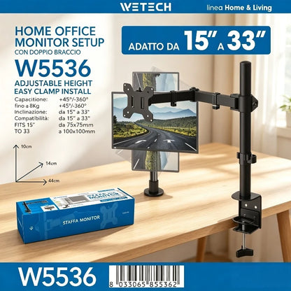 WETECH W5536 Single Monitor Desk Mount Bracket Dual Adjustable Arm Max Load 8kg Fit 15-33 Inch Monitor 360° Rotation +45° Tilt Support VESA 75x75 100x100 Clamp-on Monitor Stand