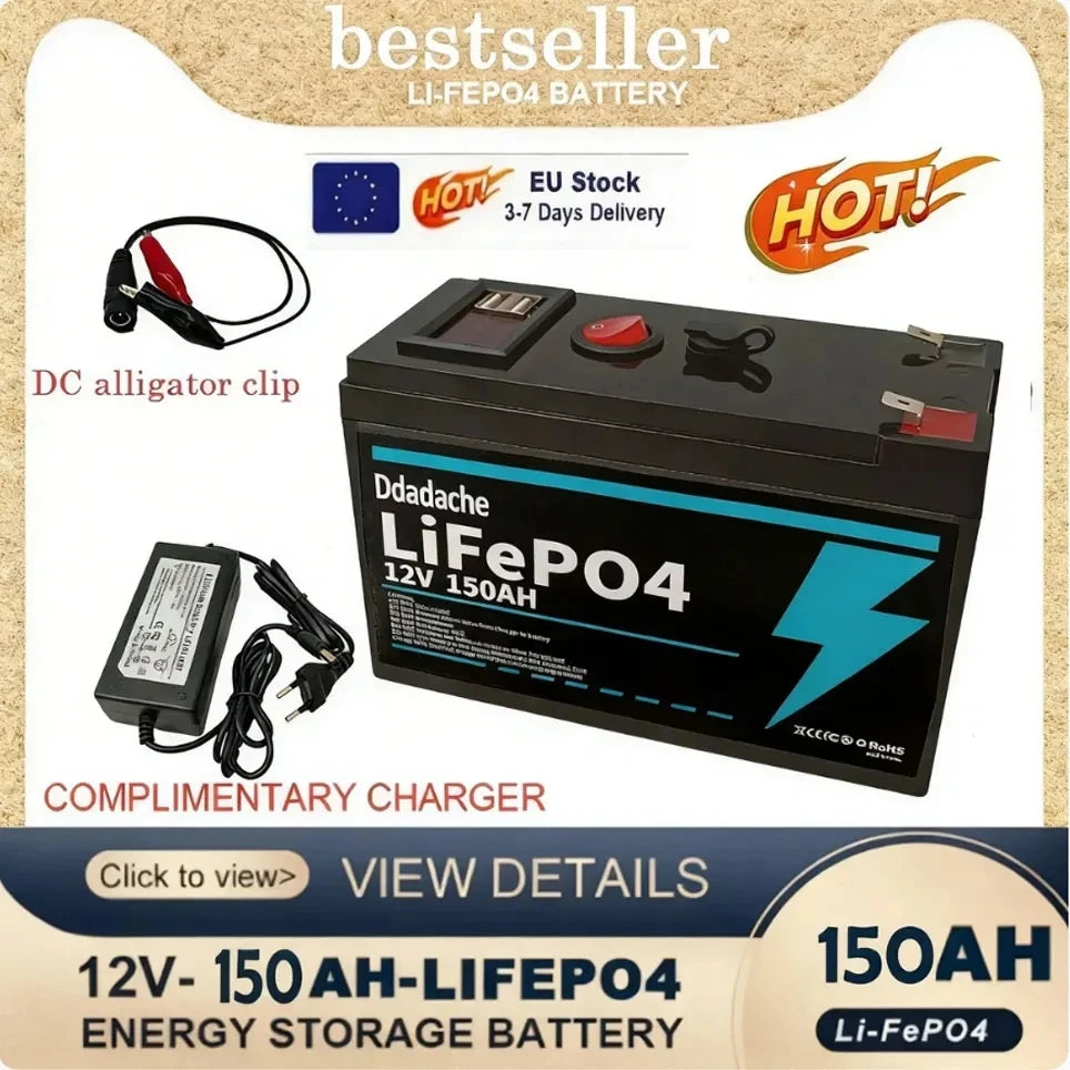 LiFePO4 Batteri 12V 150Ah – 4000+ Djupcykler, Smart BMS, ~10års Livslängd, ca 1,1kg, 18650-celler, Kajak/Båt/Sol/UPS/Off-Grid, EU-lager (Frankrike)