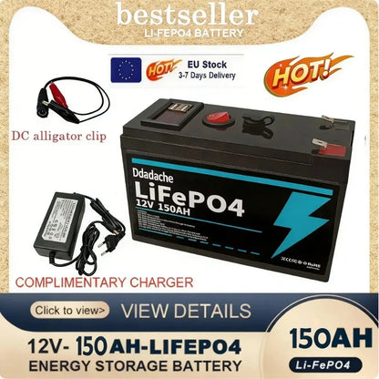 LiFePO4 Batteri 12V 150Ah – 4000+ Djupcykler, Smart BMS, ~10års Livslängd, ca 1,1kg, 18650-celler, Kajak/Båt/Sol/UPS/Off-Grid, EU-lager (Frankrike)