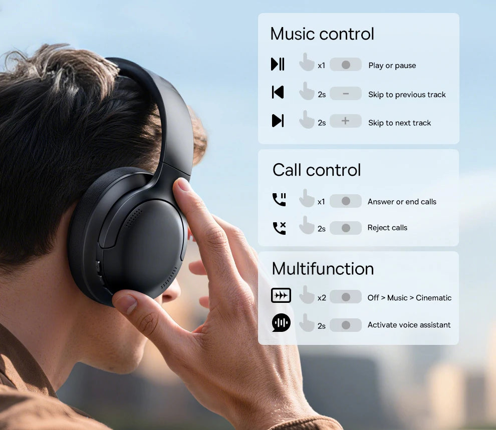 Baseus BH1 Lite Wireless Headphones Bluetooth 6.0 ENC Clear Call Headsets Super Bass Hit Earphones 80H Playtime Over Ear Headset