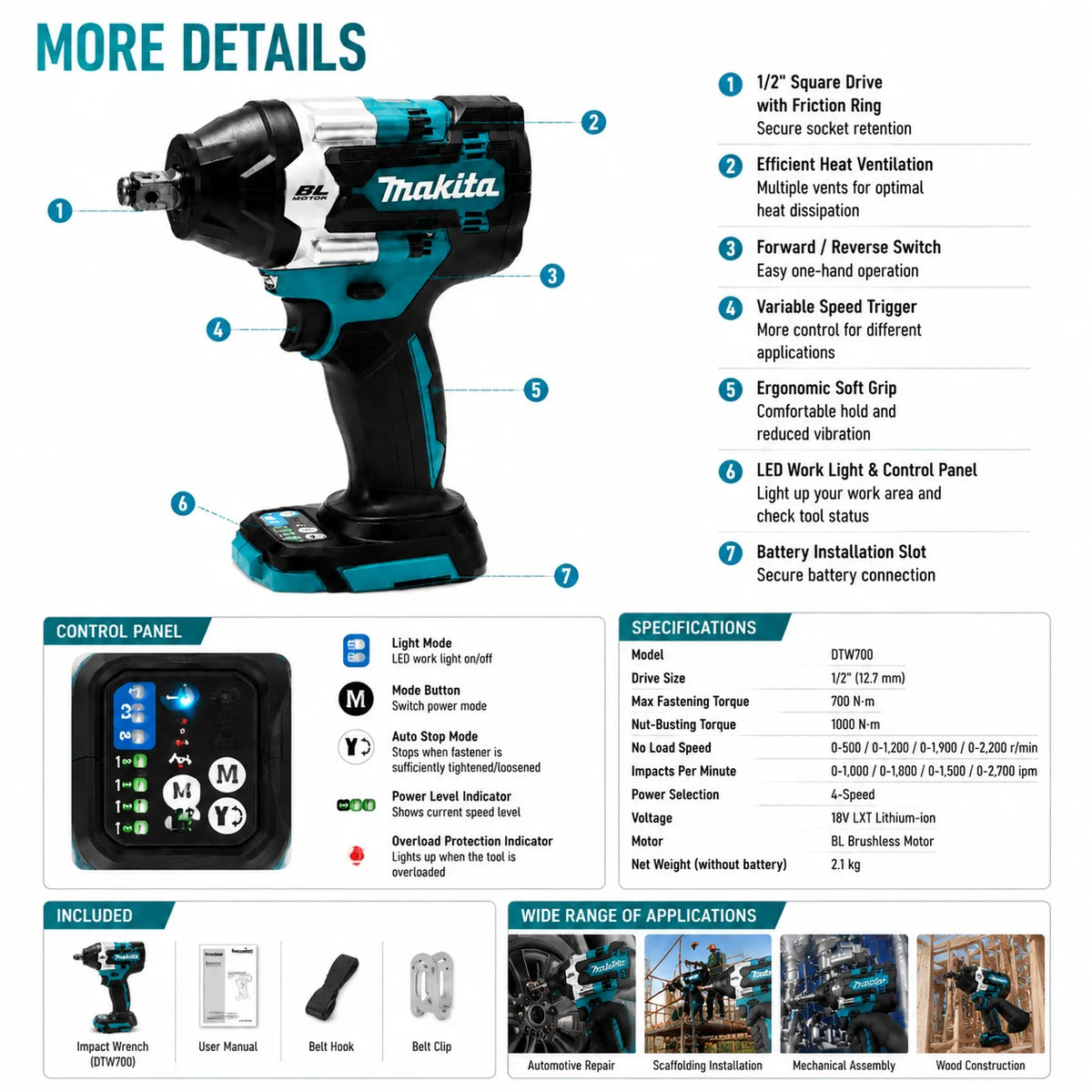 Makita DTW700 18V Kolborstfri Mutterdragare med 6.0Ah Batteri