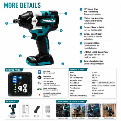 Makita DTW700 18V Kolborstfri Mutterdragare med 6.0Ah Batteri