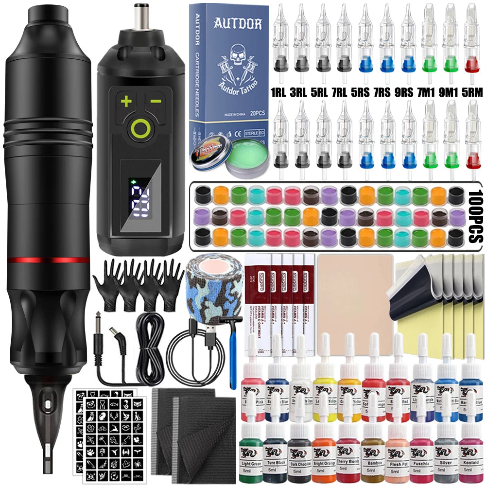 Tattoo Pen Machine Kit Tattoo Machine Pen Set with Wireless Power Supply Cartridge Needle Tattoo Accessories for Tattoo Beginner