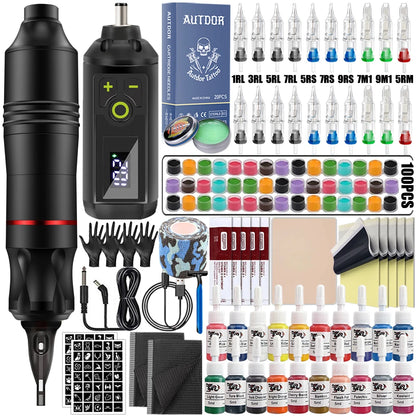 Tattoo Pen Machine Kit Tattoo Machine Pen Set with Wireless Power Supply Cartridge Needle Tattoo Accessories for Tattoo Beginner