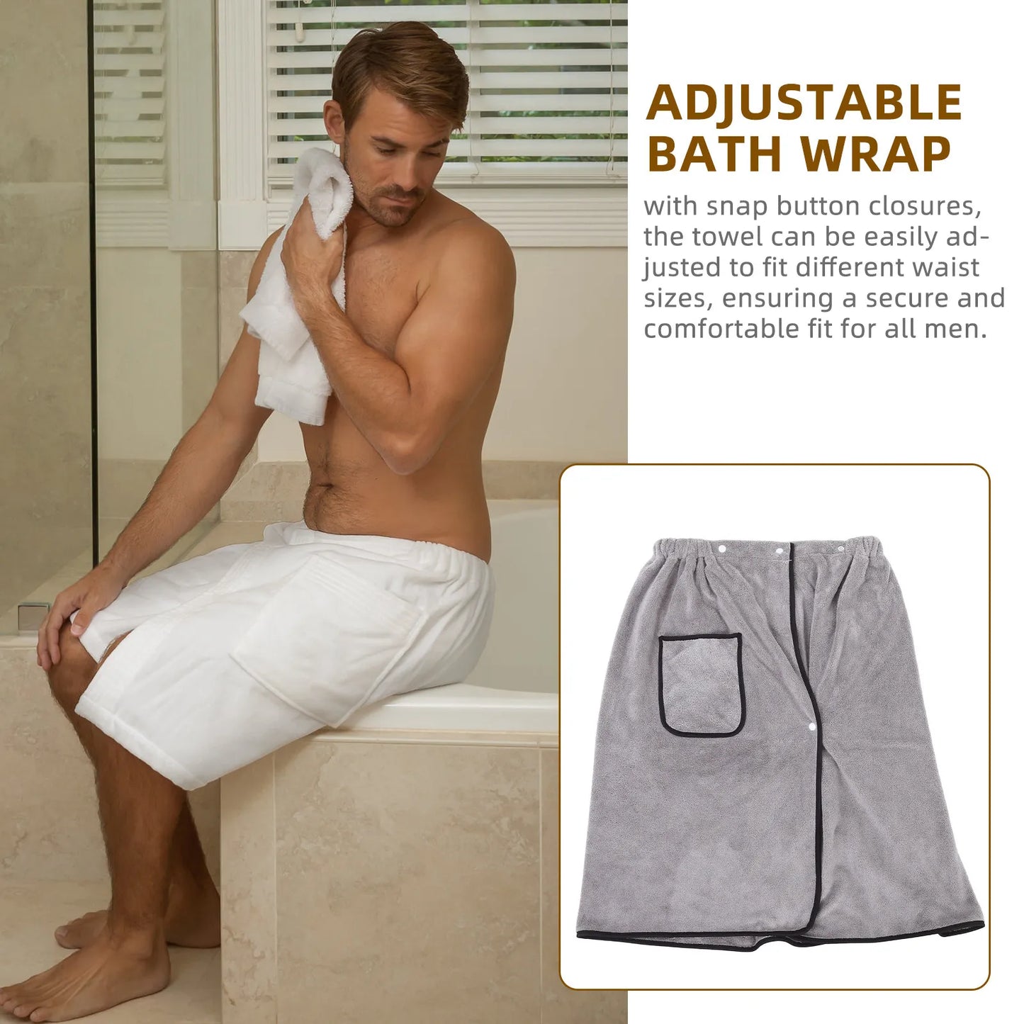 Men Wearable Bath Wrap Adjustable Snap Closure Coral Fleece Towel Highly Absorbent Drying for Bathroom Pool Beach Spa