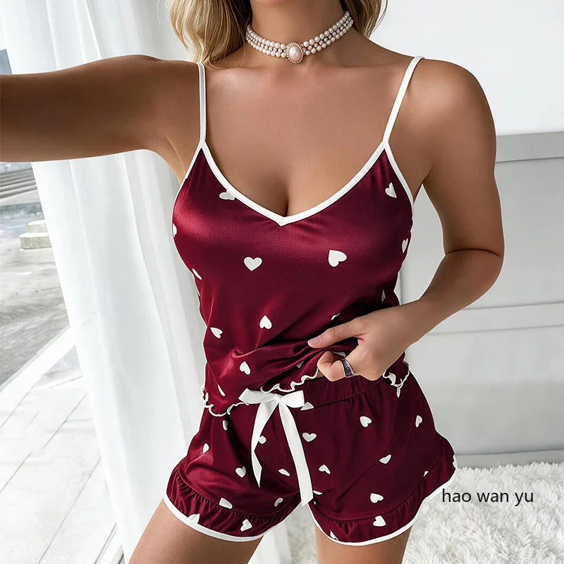Dam Pyjamas Set Sommar – Linne & Shorts Stora Storlekar, Söt Print, 4 Färger