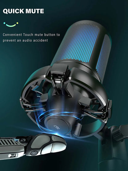 AmpliGame RGB USB Gaming Microphone with Light-touch Mute,Condenser Mic with Tripod for PC,PS4/5,Laptop Streaming Podcasting -A2