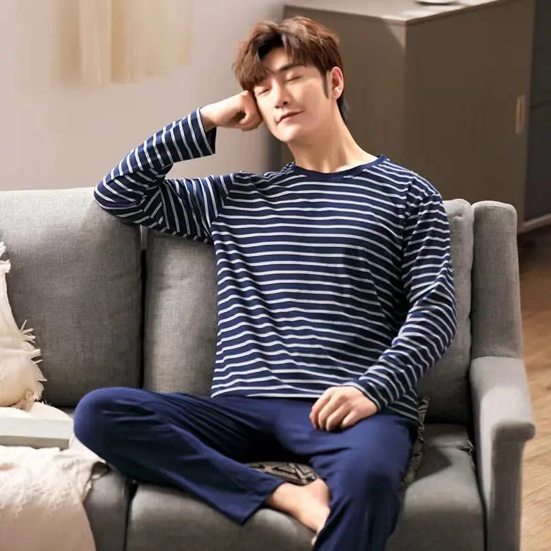 Herr Pyjamas Set Vår & Höst – Långärmad Randig Mjuk Koreansk Stil, 6 Färger M–XXL
