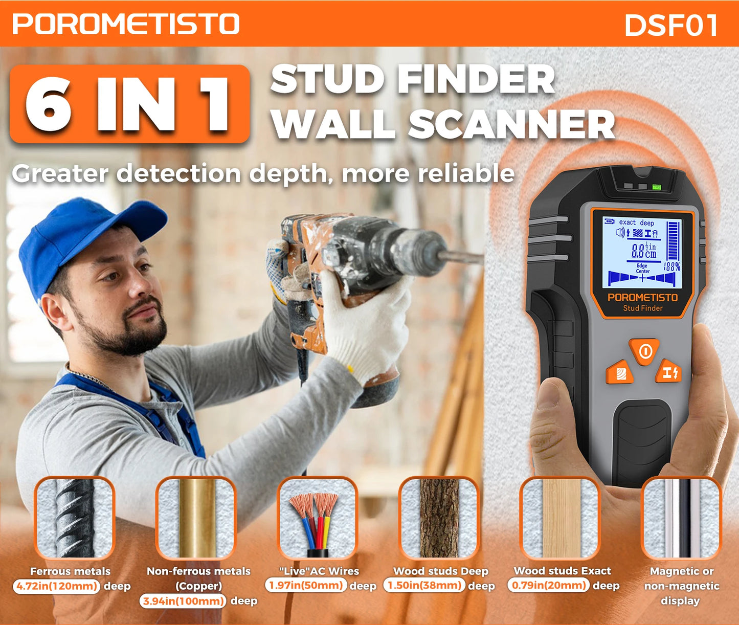 6in1 Stud Finder Wall Scanner Detector Multifunction Wall Scanner for AC Cable Wires Wood Metal Pipe Electronic Measuring Tools