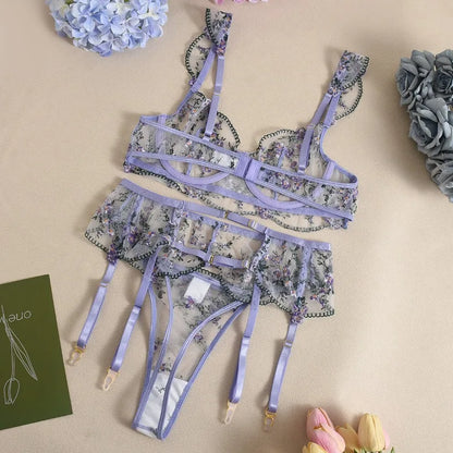 Toucheart Erotic Lingerie Fancy Embroidery See-through Mesh Contrast Color Patchwork Gathertogether Women Delicate Underwear Set