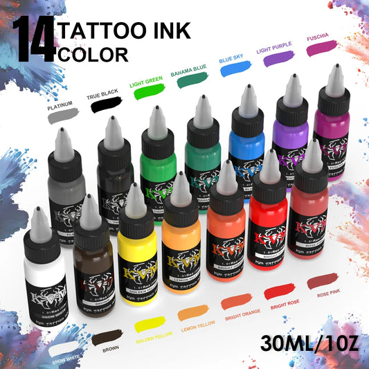Tatueringsbläck 1 oz – Oljebaserat Metallfrih PMU & Tatuering 14 Färgval Svart Vit Blå Röd Rosa Lila Orange Body Art 2026