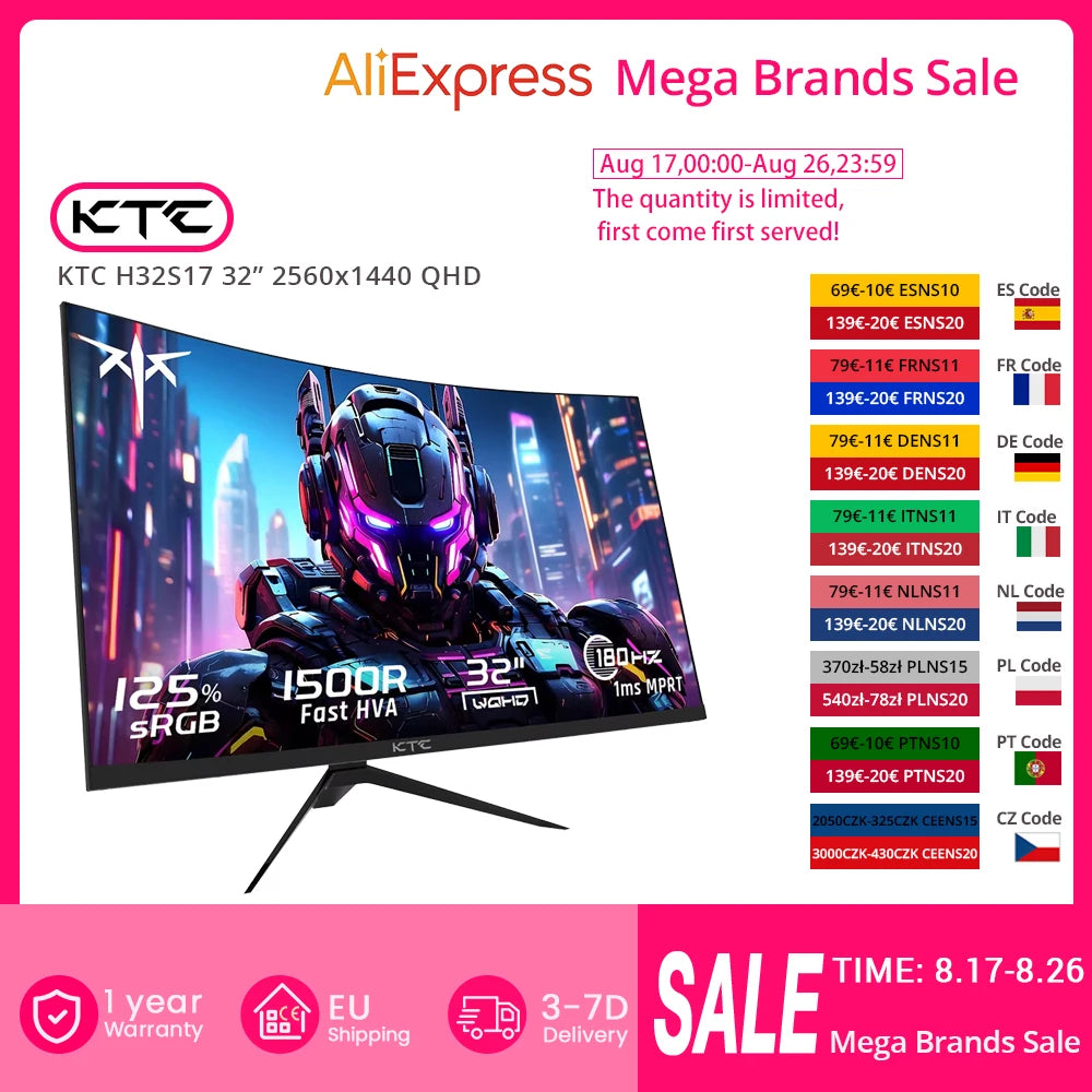 KTC H32S17 Kurvig Gaming Monitor 32" – HVA 1500R 2K QHD 180Hz 1ms HDR10 FreeSync G-Sync 99% sRGB VESA EU-lager