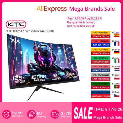 KTC H32S17 Kurvig Gaming Monitor 32" – HVA 1500R 2K QHD 180Hz 1ms HDR10 FreeSync G-Sync 99% sRGB VESA EU-lager