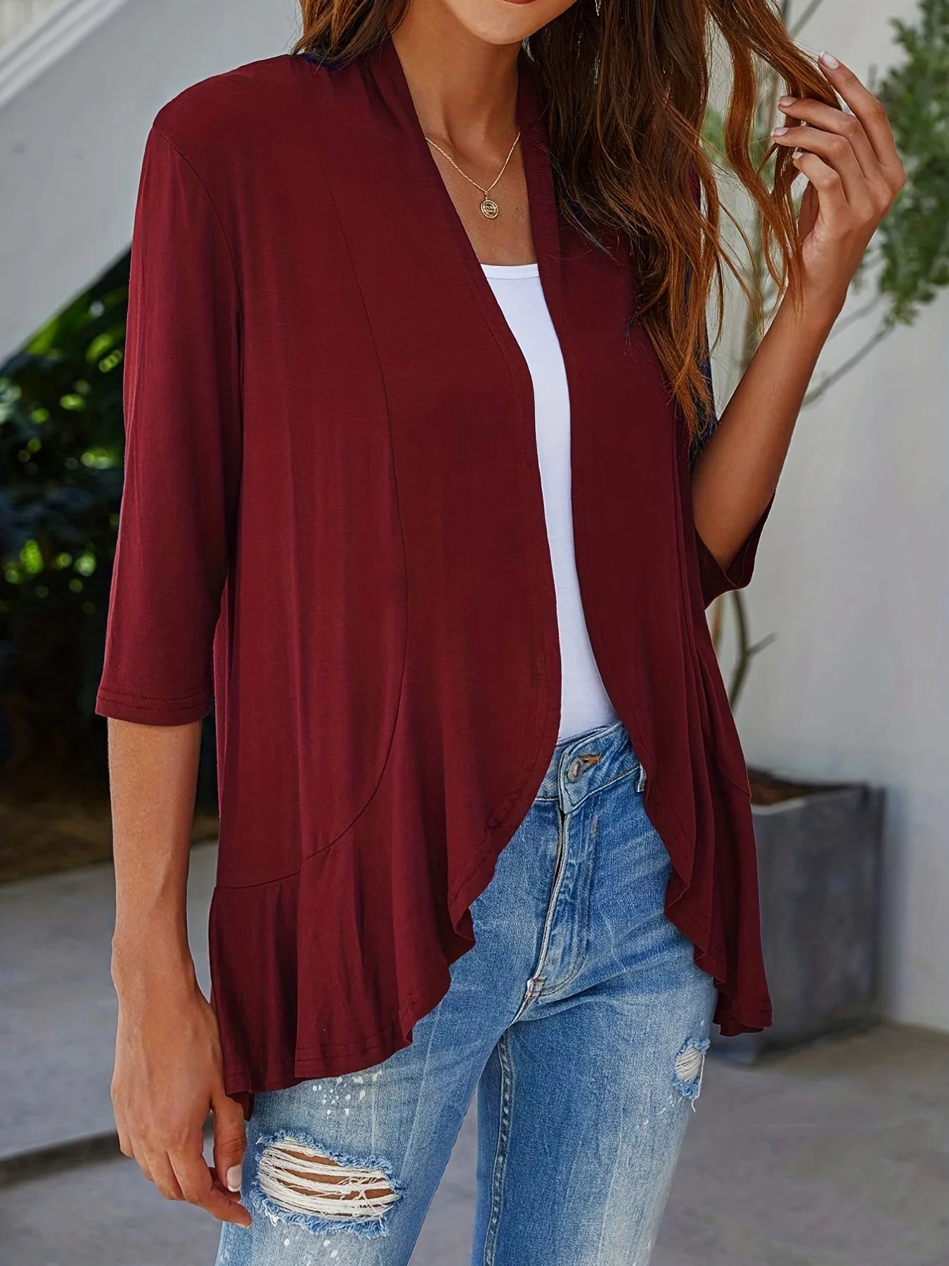 Dam Plus Size Kofta V-ringning – Lös Plissé Volangkant 3/4-ärm Casual Vår/Sommar/Höst, 3 Färger 1XL–5XL