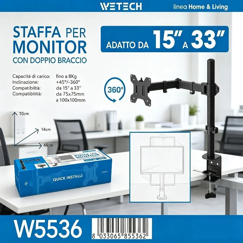 WETECH W5536 Single Monitor Desk Mount Bracket Dual Adjustable Arm Max Load 8kg Fit 15-33 Inch Monitor 360° Rotation +45° Tilt Support VESA 75x75 100x100 Clamp-on Monitor Stand