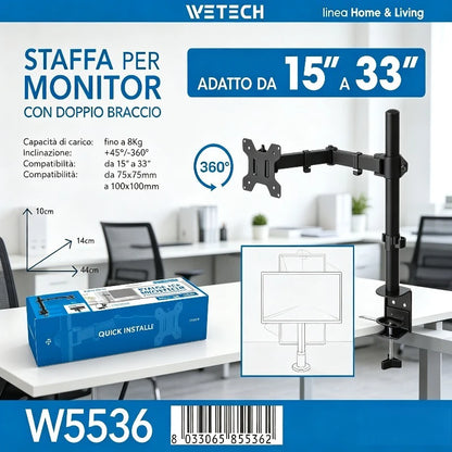 WETECH W5536 Single Monitor Desk Mount Bracket Dual Adjustable Arm Max Load 8kg Fit 15-33 Inch Monitor 360° Rotation +45° Tilt Support VESA 75x75 100x100 Clamp-on Monitor Stand