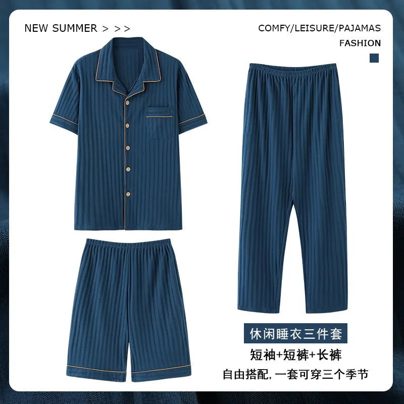 2023 New Cotton Sleepwear Men's 3 Pieces Set Homewear Plus Size 4XL Cardigan Nightwear Short Sleep Tops & Shorts & Long Pants