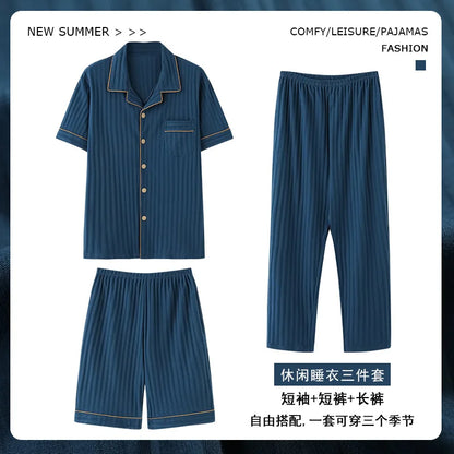 2023 New Cotton Sleepwear Men's 3 Pieces Set Homewear Plus Size 4XL Cardigan Nightwear Short Sleep Tops & Shorts & Long Pants