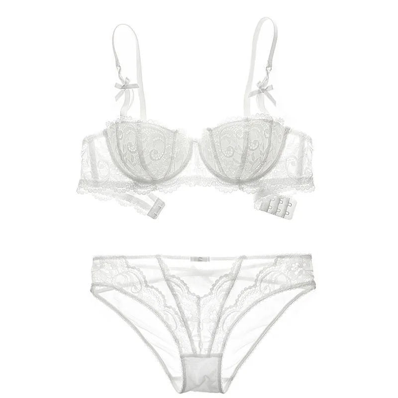KUCLUT Jacquard lace big bow half-cup bra set, thin cotton cup breathable new small-bust push-up bra