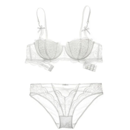 KUCLUT Jacquard lace big bow half-cup bra set, thin cotton cup breathable new small-bust push-up bra