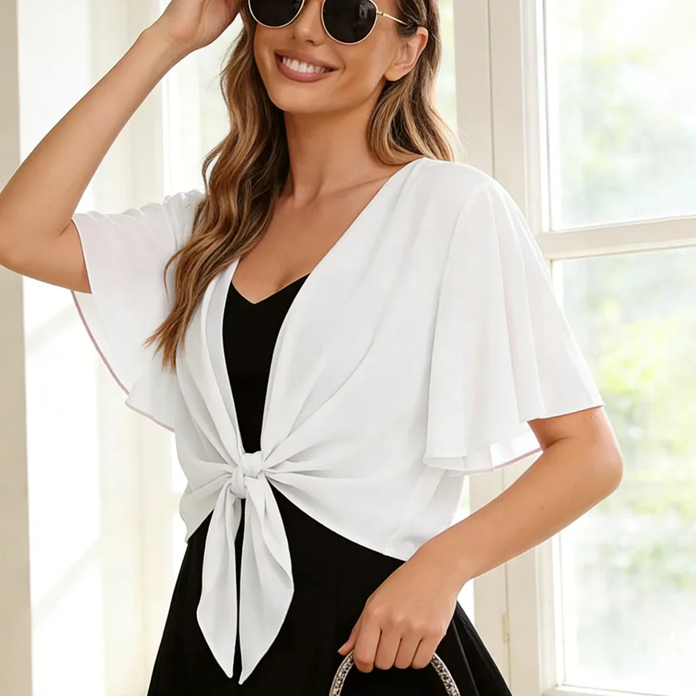 Dam Kort Chiffon Shrug – Genomskinlig Öppen Ärmlös Spetsdetalj Strand & Vardag Sommar, Ivory S–XXL