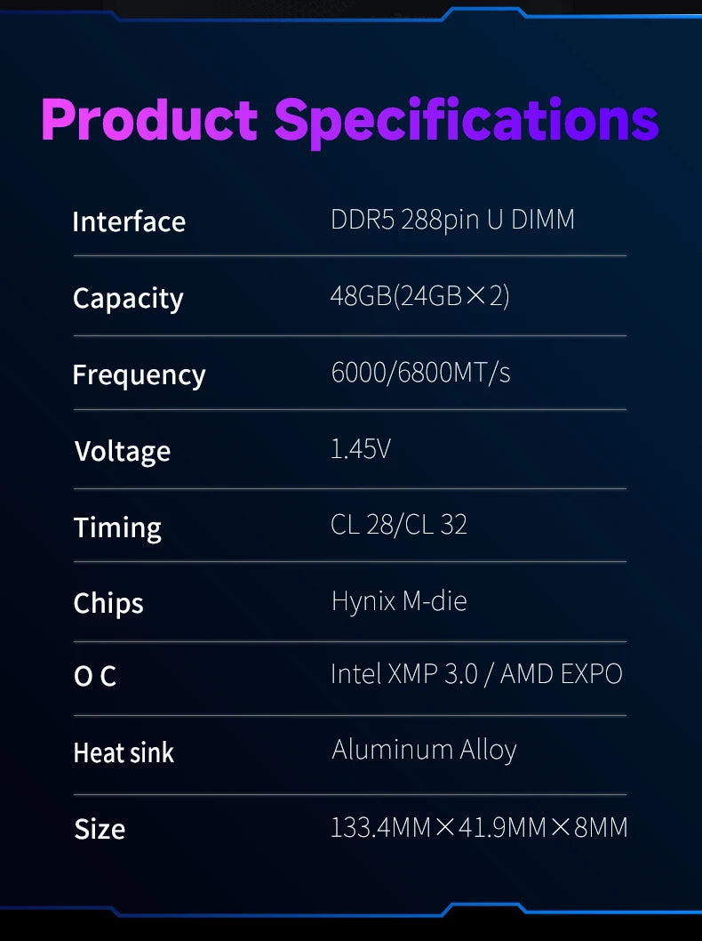 KingBank KFXB Series DDR5 Memory 24GBx2 6800MHz 6000MHz Dual Channel for Gaming And Overclocking with Heatsink Black