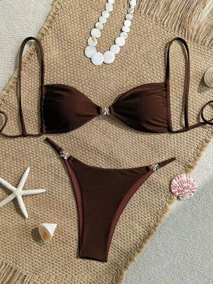 Cikini Women's Sexy Bikini Two Pieces Set Accessories Glossy Texture Special Fabric Solid Color Summer Beach Swimwear