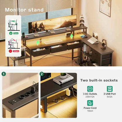 Desk, square table with drawers, sockets and USB ports, monitor stand and LED lighting included, black.