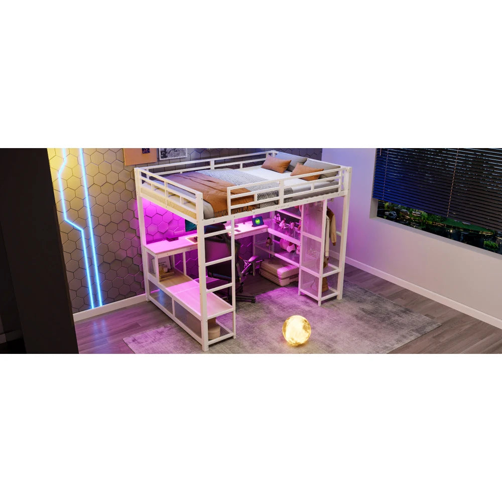 140x200cm Metal High Bed with Storage and Open Wardrobe, Kids Bedroom Bed with USB Connector and LED Lighting, Black/white