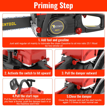 CONENTOOL Professional 58CC Gas Petrol Chainsaw 20" Chain Saw 2.55kW High Power Wood Cutter for Tree Felling Firewood Farm Forestry Garden Tool