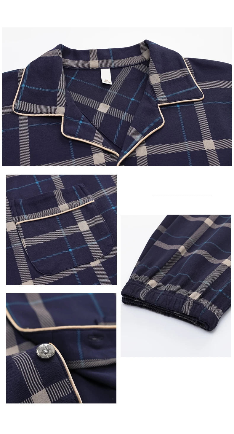 MiiOW Herr Pyjamas Set Vinter – Bomull Långärmad Rutig Grå Krage Plus Size, 8 Färger M–XXXL