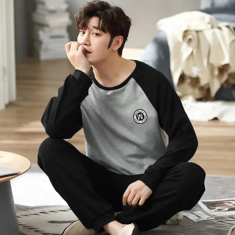Herr Pyjamas Set Vår & Höst – Långärmad O-ringning & Rutiga Byxor Tunn, 5 Färger L–4XL