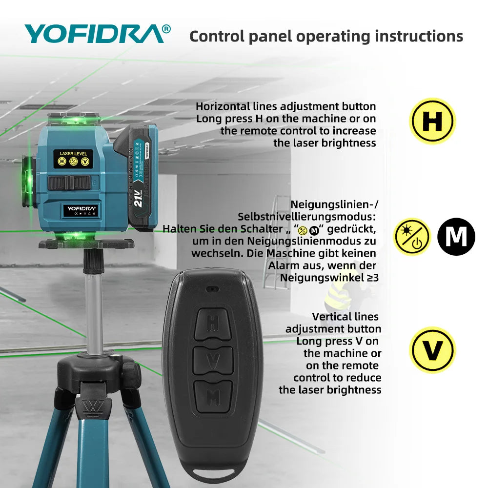 YOFIDRA 4D 16 Lines Laser Level Self-Leveling 360° Horizontal Vertical Leveling Tools With 1M Tripod For Makita 21V Battery Pin