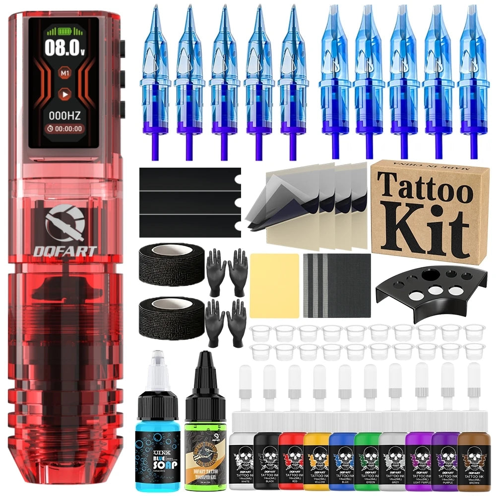 DQFART 1600mAh P2 LED Digital Display Electric Wireless Tattoo Machine Set 12V 6Colors Accessories Body Art Creative Designs
