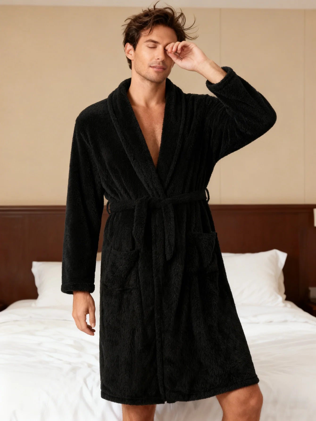 Men's soft home, outdoor sun drying, long sleeved nightgown, polyester fiber, convenient after bathing, adjustable nightgown