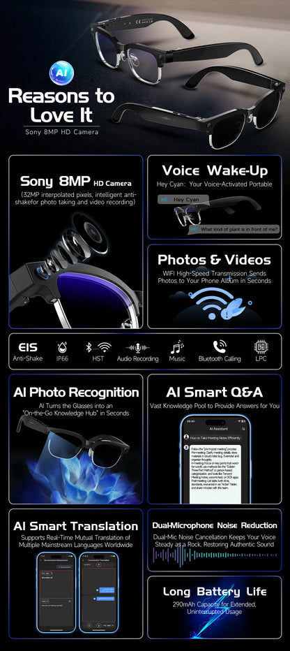 2026 New 4K HD 800W Camera Smart AI Glasses Video Photo Recognition AI Translation Chat GPT Hands-Free Calling Smart Sunglasses
