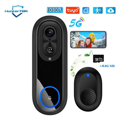 Dual-band WiFi Dörrklocka 1080P – Tuya, IP65, 7000mAh, Röstförvrängning, PIR, USB-chime
